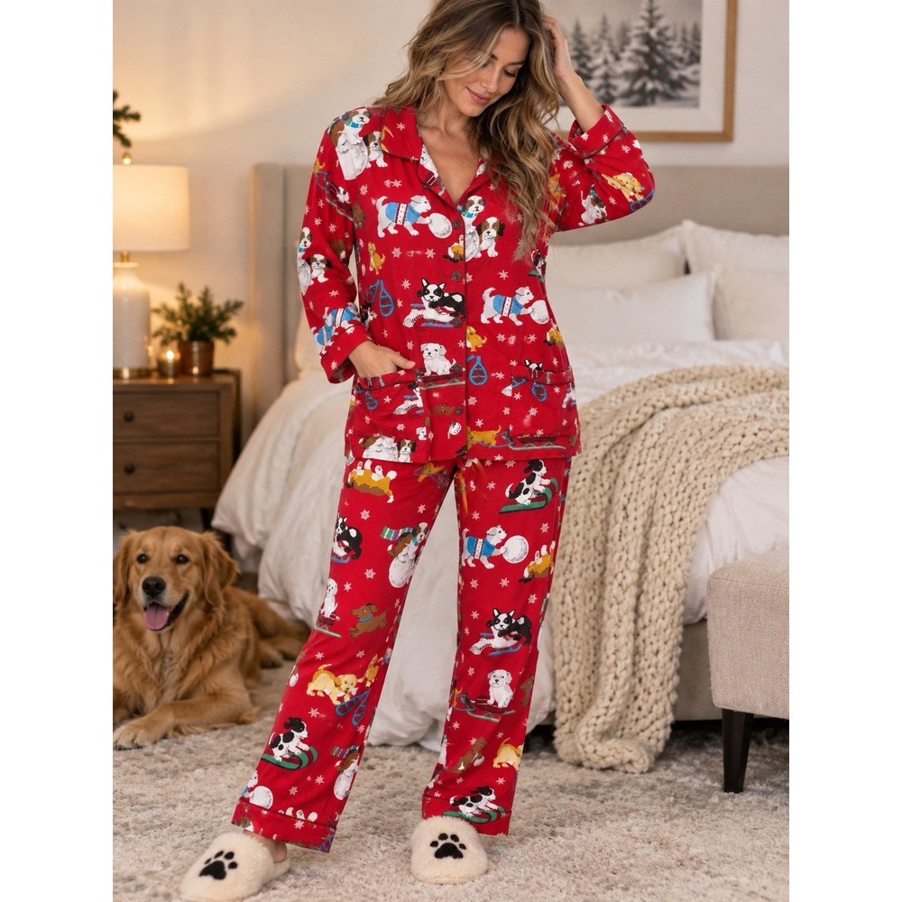 Nick & Nora 2 Piece Dog Flannel Pajama Set Button Pant Ski Winter Red Lounge XL